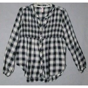 Knox Rose blouse womens Medium black & white plaid shirred top shirt